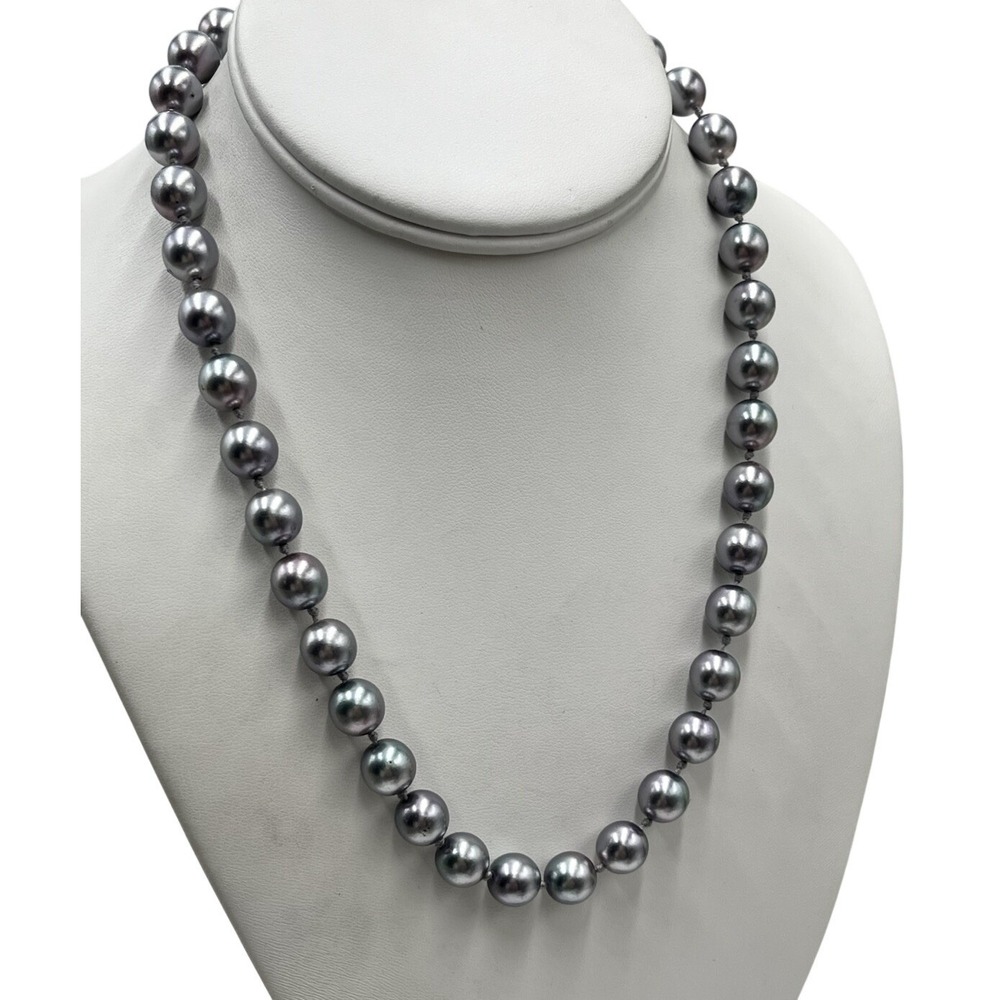 MMA MAD Signed 9-10MM Peacock Gray Round Black Luster faux Pearl Necklace‎